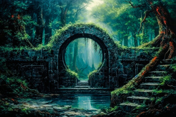 painting of an ancient portal landmark with a path in a misty forest during sunset