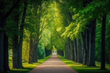 Fototapeta na wymiar There is a pedestrian lane route with green trees in the forest. Beautiful street and lane in the park. Passage Through a natural tunnel through Summer Forest. Generative AI