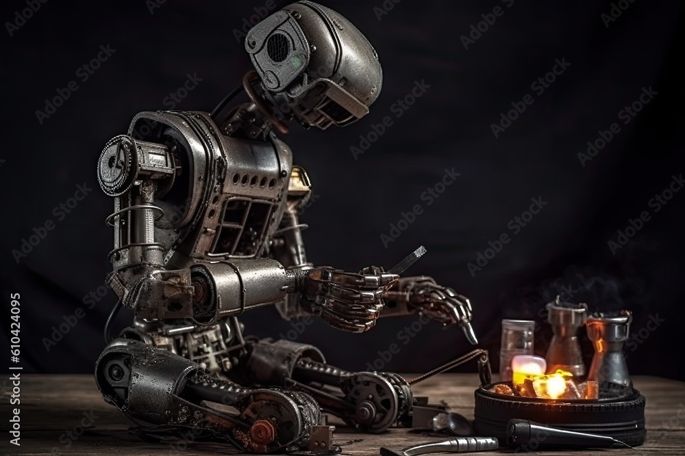 Aufkleber robot on a wooden table with tools and smoke on a black background, a robot with a welding machine r