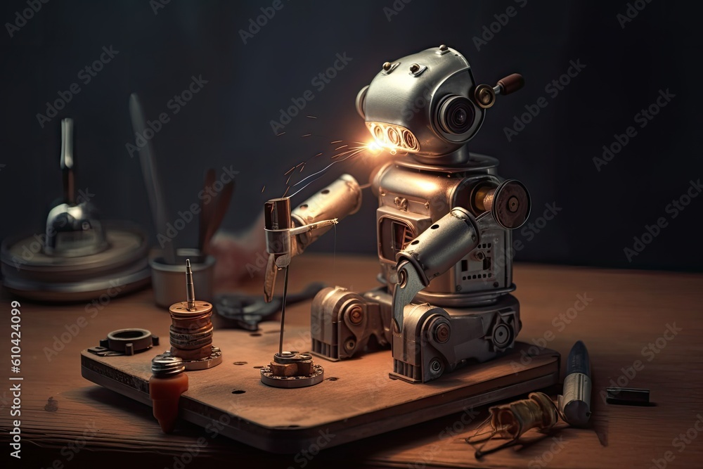 Poster robot with sparks on wooden table. artificial intelligence concept. 3d rendering, a robot with a wel