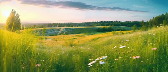 Beautiful summer colorful rustic pastoral landscape panorama. Tall flowering grass on green meadow at sunrise or sunset with beautiful announcement against blue sky