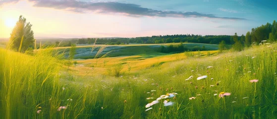 Fototapeten Beautiful summer colorful rustic pastoral landscape panorama. Tall flowering grass on green meadow at sunrise or sunset with beautiful announcement against blue sky © Eli Berr