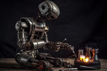 robot on a wooden table with tools and smoke on a black background, A robot with a welding machine repairing something, AI Generated