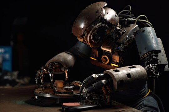 Closeup of a robot playing music on a turntable, A robot with a welding machine repairing something, AI Generated