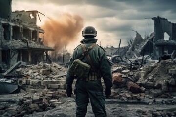 War Concept. Military man in uniform of World War II against the background of destroyed buildings. A soldier standing amidst the ruins of a destroyed city after a nuclear explosion, AI Generated - obrazy, fototapety, plakaty