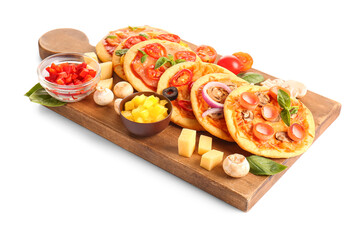 Board with different tasty mini pizzas and ingredients on white background