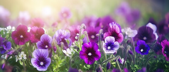 Beautiful summer spring flower border of purple flowers in nature close-up. Colorful floral background