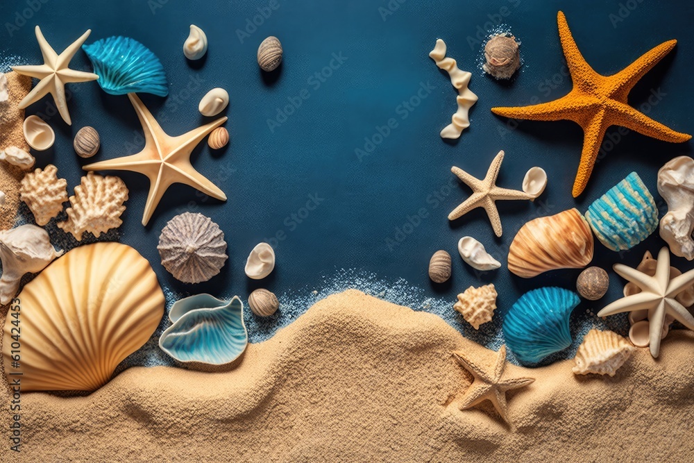 Poster Summer backdrop with beach sand and marine shells. Summer theme. Generative AI