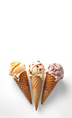 Set of three various flavor ice cream scoops in waffle cones isolated on white background, copy space, illustration created with Generative AI technology