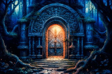 painting of an alien portal gateway to another dimension, misty atmosphere, twilight