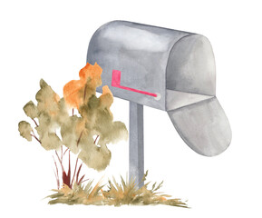 Watercolor illustration of a mailbox. Cozy corner of the garden.