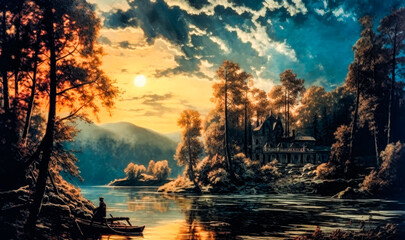 painting of a stunning river landscape surrounded by trees during sunset