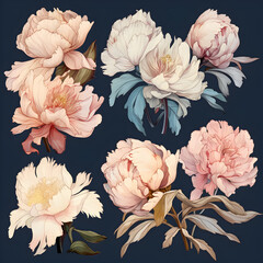 Peony, set of isolated illustrations of flowers on a black background. Suitable for cover, gift paper textile. Beautiful floral bunch for textile printing. Generative AI