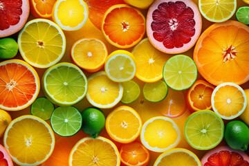 Citrus symphony, a vibrant composition of colorful citrus fruits Generative AI - obrazy, fototapety, plakaty