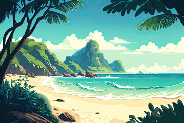 Tropical background with sea, mountain and palm trees. Summer sandy beach, blue ocean, illustration. Generative AI.