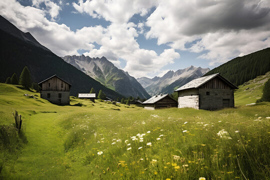 Several weathered and deserted wooden structures stand amidst a vibrant, green field, surrounded by towering mountains