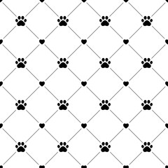 Paw dog or cat seamless pattern. Pepeating black steps dogs or cats on white background. Cute abstract walking backdrop. Repeated pets design for prints. Repeat footmark wallpaper. Vector illustration