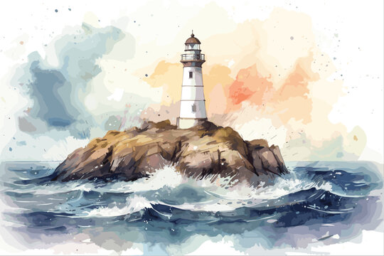 watercolor lighthouse on a rock overlooking the ocean. Generative AI.