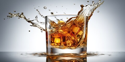 AI Generated. AI Generative. Glass of whiskey with ice cubes on plain background. Can be used for bar cocktail promotion. Gentleman drink. Graphic Art