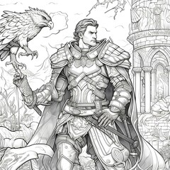 Fototapeta na wymiar a black and white illustration of a falconer scene from an original D D adventure for coloring. lineart. coloring book. intricate details. crisp lines. printable outline art. No fill. No shading.
