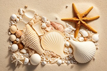 Fototapeta na wymiar Sand, shells, and starfish are used to create a summer motif. Generative AI