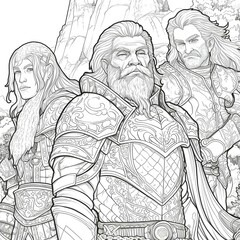 Fototapeta na wymiar a black and white illustration of a scene featuring a human paladin, an elf ranger, and a dwarf warrior from an original D D adventure for coloring. lineart. coloring book. intricate details. crisp li