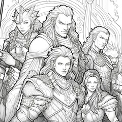 Fototapeta na wymiar a black and white illustration of a group of characters from an original D D adventure on a journey for coloring. lineart. coloring book. intricate details. crisp lines. printable outline art. No fill