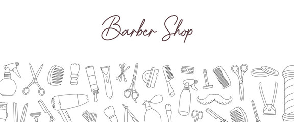 Barber shop horizontal outline banner. Horizontal background for barber shop design. Razor blade, hair clipper, scissors, comb, dryer, spray bottle.