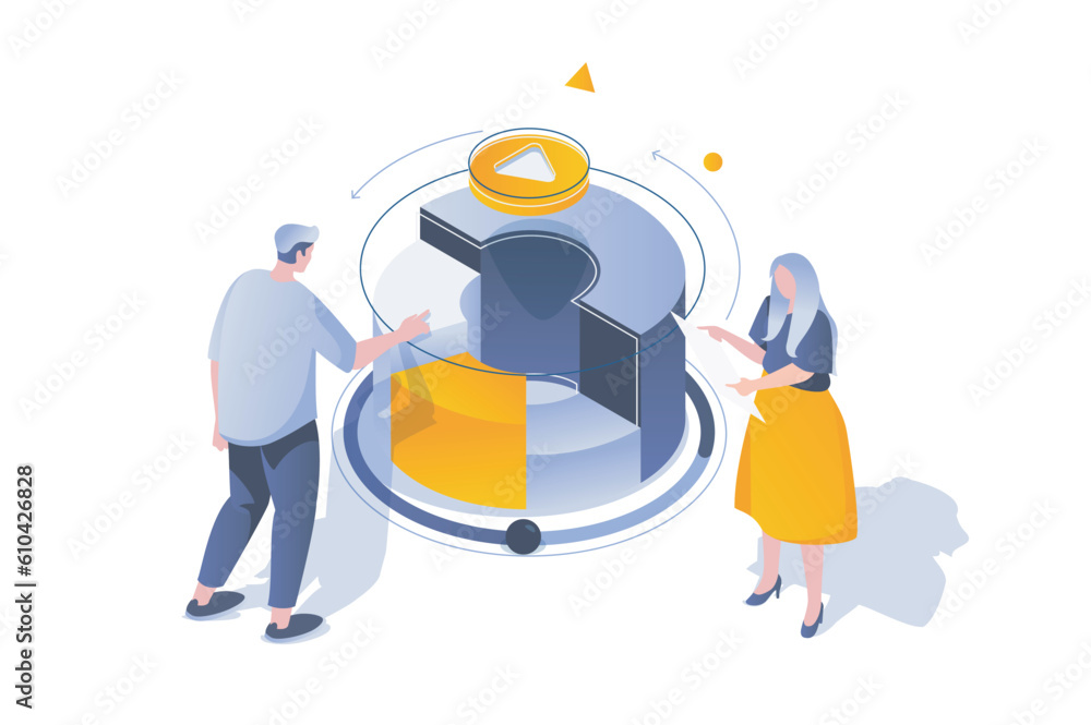 Poster business marketing concept in 3d isometric design. professional team analyzing data and discussing p