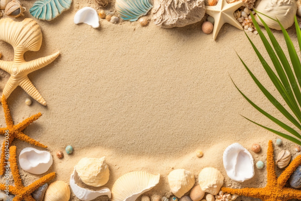 Poster sand with seashells. background of a summer vacation at sea with writing space. view from the top. g