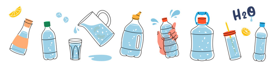 Different types of bottles. Drink more water. Plastic water bottles. Glasses, bottles, jug, jar, flask with clean water. Vector illustration. - 610427056