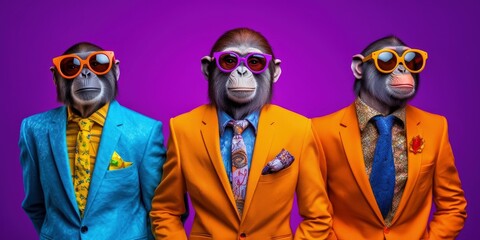 a group of anthropomorphized monkeys wearing colorful suits and sunglasses posing created with generative AI - 610427205