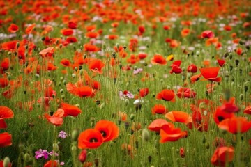 Fototapeta na wymiar Colorful Red poppy flower meadow in spring, generative artificial intelligence 