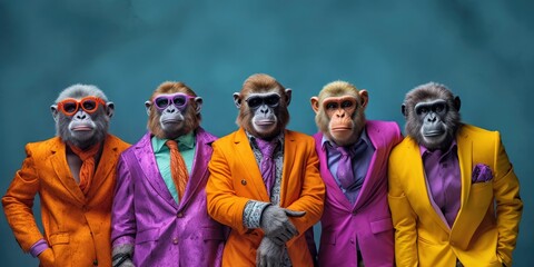 a group of anthropomorphized monkeys wearing colorful suits and sunglasses posing created with generative AI - obrazy, fototapety, plakaty