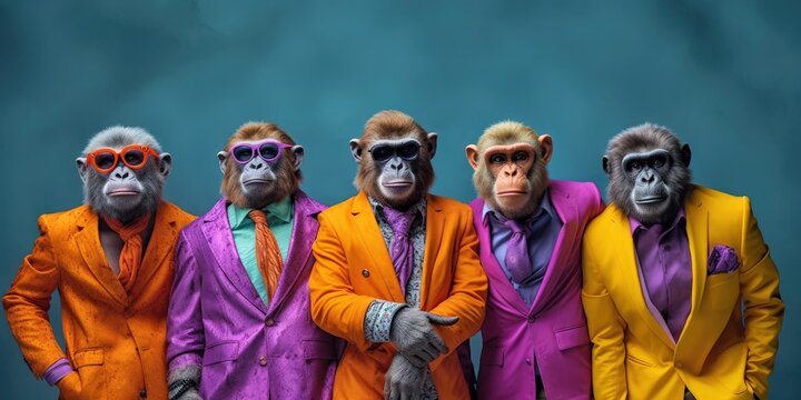 a group of anthropomorphized monkeys wearing colorful suits and sunglasses posing created with generative AI