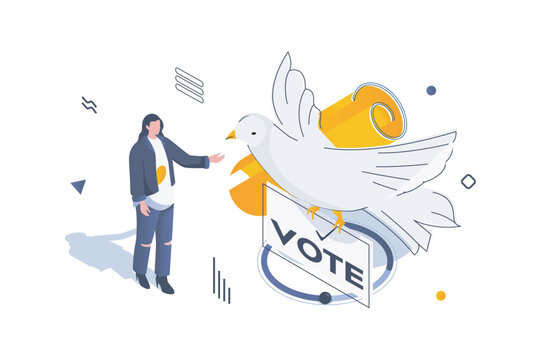 Election and voting concept in 3d isometric design. Woman voting in democratic elections for party with peace diplomacy and dove symbol. Vector illustration with isometric people scene for web graphic