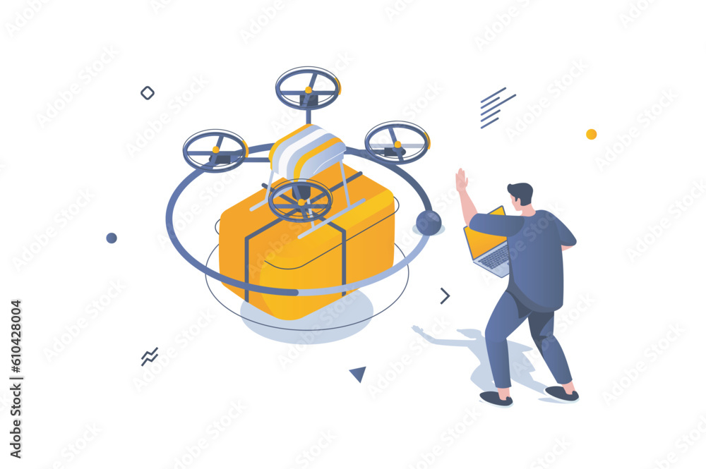 Aufkleber Food delivery concept in 3d isometric design. Man using flying drone for express shipping of meal box from ordering restaurant menu. Vector illustration with isometric people scene for web graphic