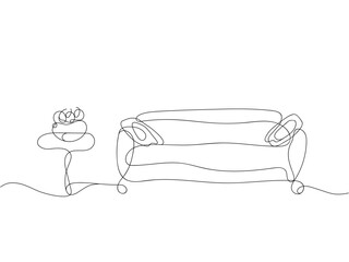 Continuous one line drawing of sofa and table with plate and fruit on it