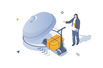 Food delivery concept in 3d isometric design. Woman making order from restaurant and using express shipping by courier kick scooter. Vector illustration with isometric people scene for web graphic