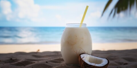 Tropical Oasis: A Photographic Close-Up of a Coconut Drink on a Towel, Amidst a Vibrant Sunny Serene Beachscape, as Waves Gently Crash on the Shore - National Geographic