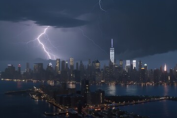 Fototapeta na wymiar new york skyline in storm lightning and thunder , generative artificial intelligence 