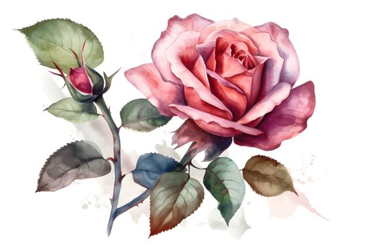 Beautiful watercolor rose flower and a bud on white background. Generative AI.