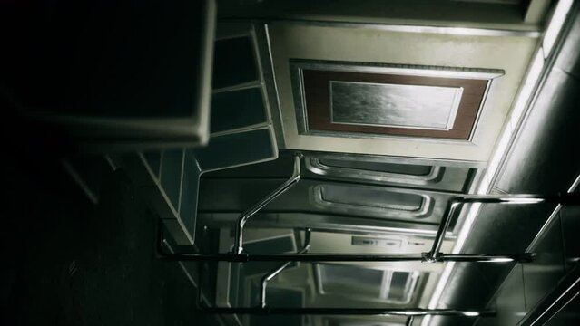 vertical empty metal subway train in urban Chicago
