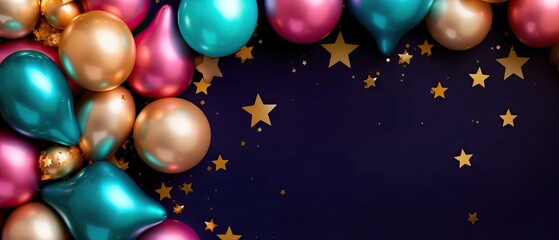 Colorful festive background frame made of colorful balloons and gold stars