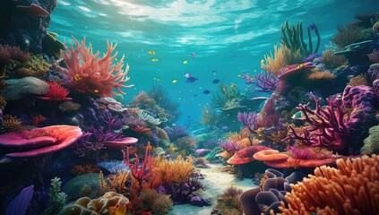 Fototapeta na wymiar Under water in the ocean coral reef with fish, ai