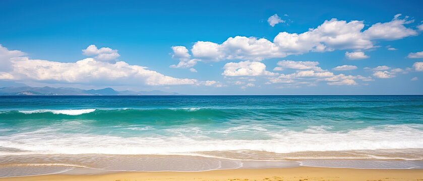 Beautiful background image of tropical beach. Bright summer sun over ocean. Blue sky with light clouds, turquoise ocean with surf and clear sand. Harmony of clean environment. Wide format