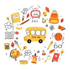 set of doodles elements for school, doodle school, school theme, school doodles, inscription in a notebook, training, lessons, time for training, Set of school tools, set of education icons