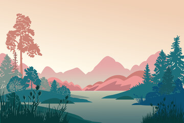 Forest landscape with trees, lake, mountains, sunrise, vector illustration.