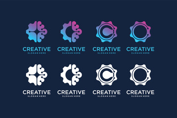 C O Initial with gear and brain template vector