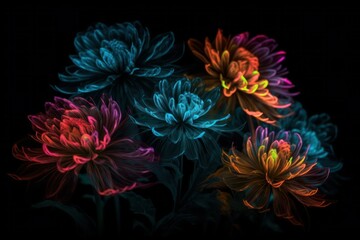 Fototapeta na wymiar neon glowing flowers in colors on a black background. Bright abstract background perfect for any design. Generative AI